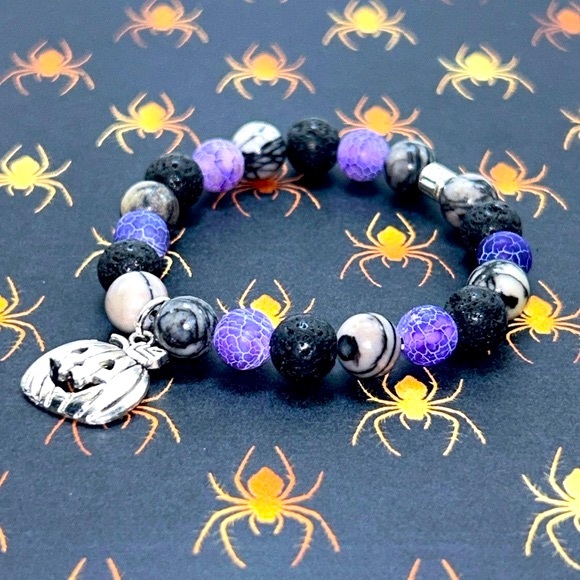 Handmade Halloween Pumpkin Charm Bracelet with Purple Amethyst and Lava Stones! - Picture 5 of 7